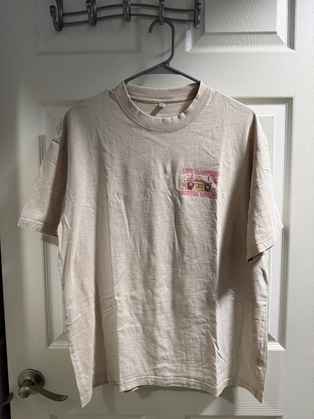 Unbranded Beige Graphic Crewneck Tee with Pink Coffee Print